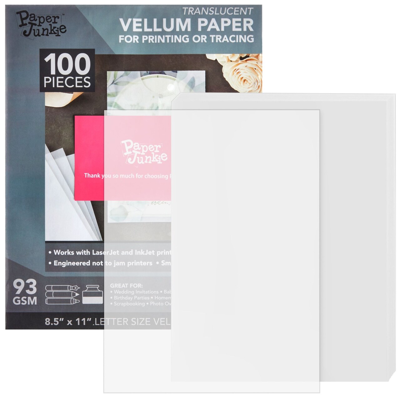 100 Sheet Translucent Vellum Paper, Traceable & Printable, 8.5" x 11" Inkjet & Laser Printer Compatible, 93gsm Sheets for Invitation, Sketching & Card Overlays
